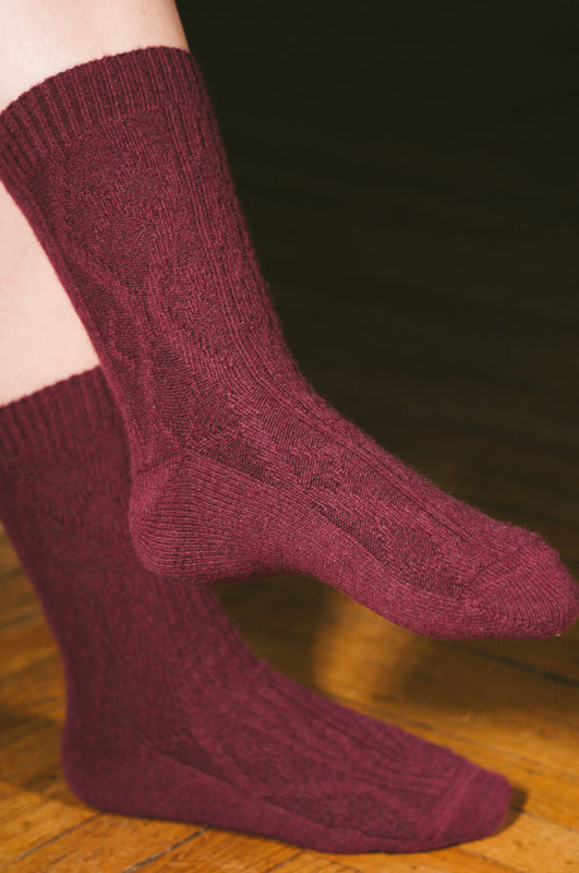 Pétrone chaussettes chaudes maille laine mérinos bordeaux foncé femme vignette