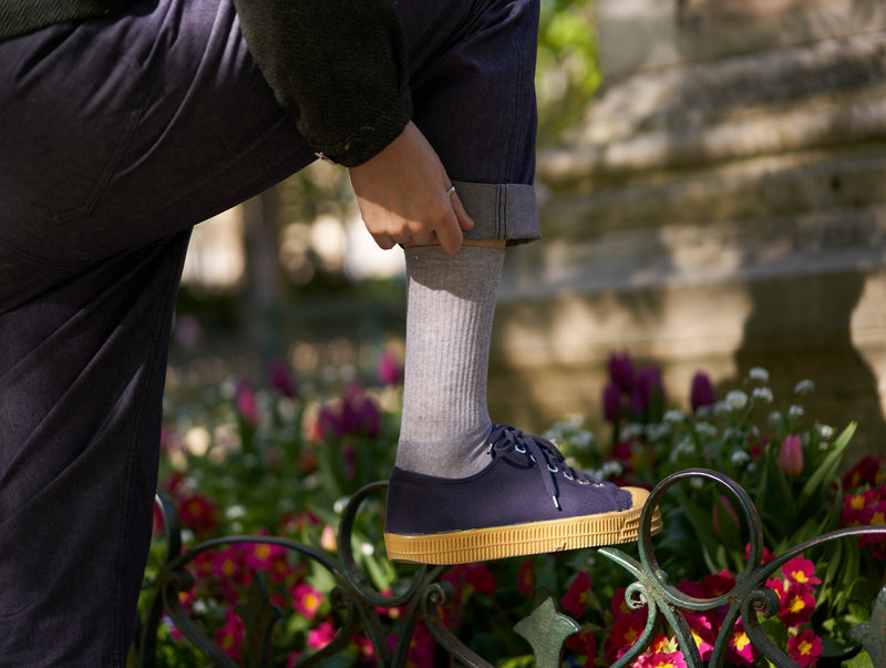 Petrone-chaussettes-tennis-coton-bio-unies-hautes-homme-gris clair chiné