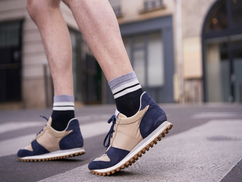 Petrone-chaussettes-tennis-coton-bio-retro-basses-homme-bleu marine-gris clair