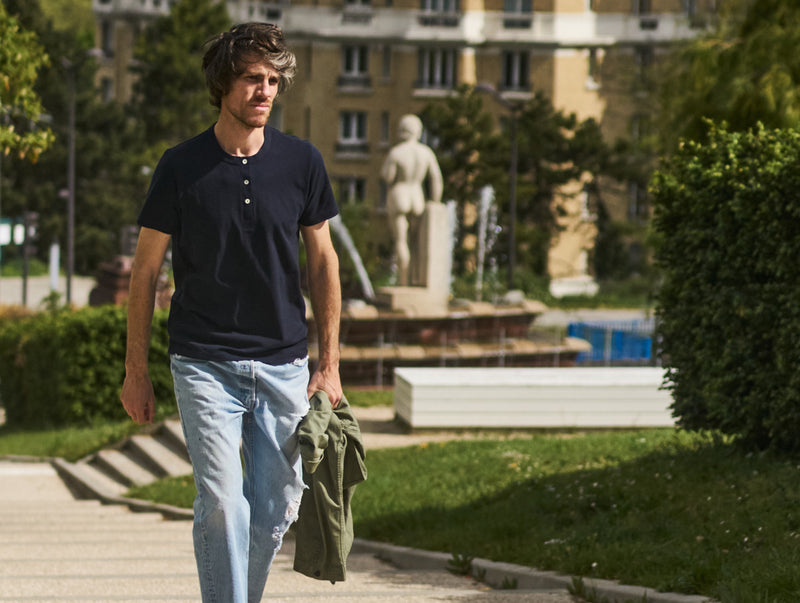 Pétrone Henley manches courtes coton bio bleu marine homme